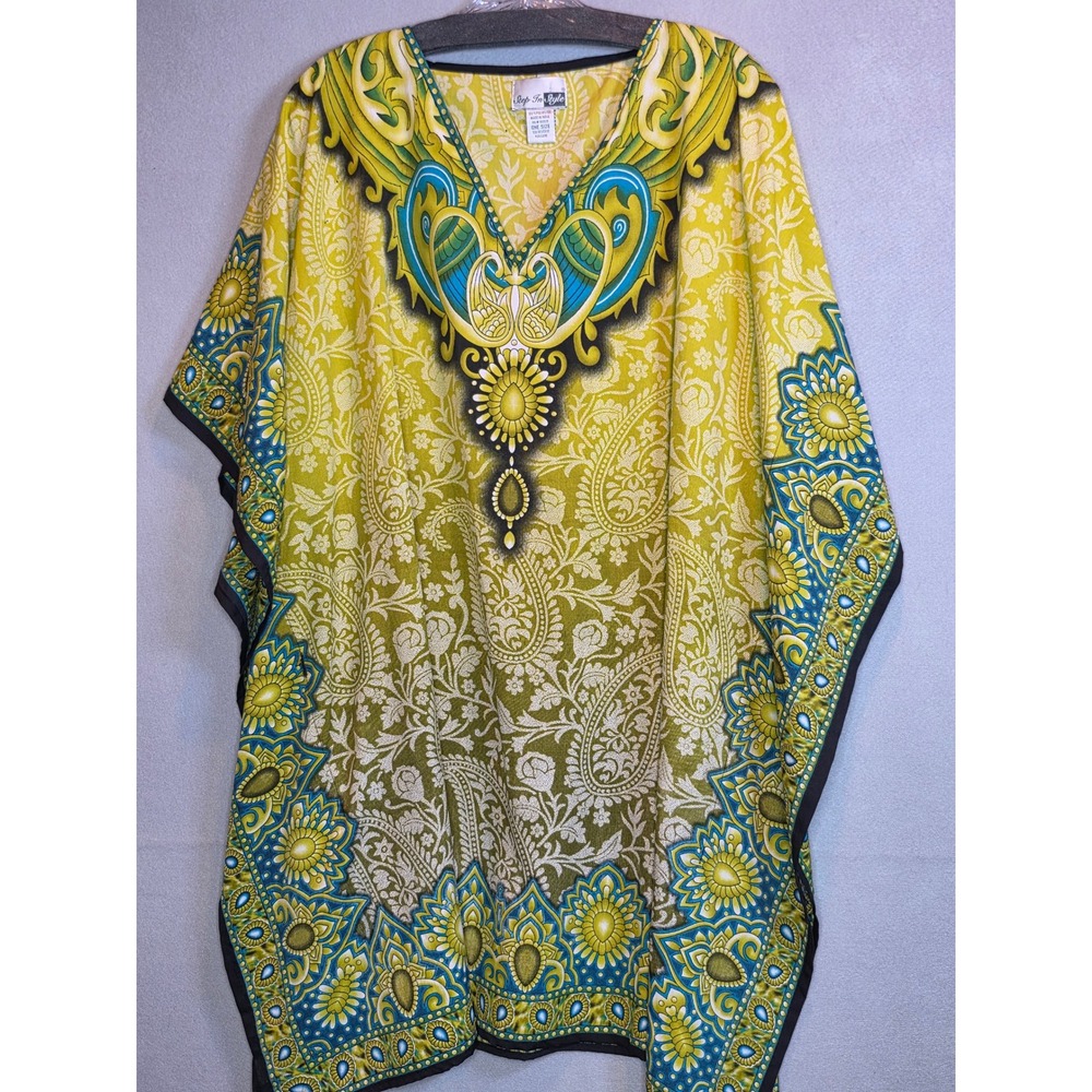 Step In Style Yellow Green Paisley Kaftan V-Neck Tunic Top One Size Made In Indi